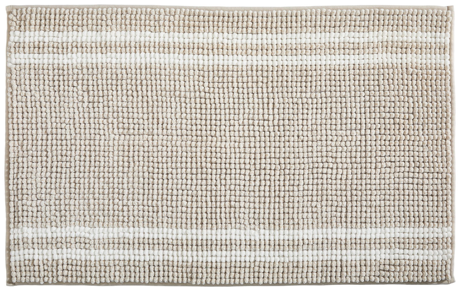 Beige Badematte mit weißen Streifen, Draufsicht