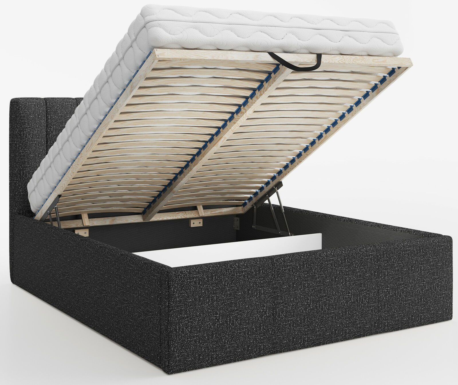 Polsterbett mit hochgeklappter Matratze und Lattenrost, seitliche Perspektive