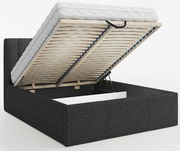 Polsterbett mit hochgeklappter Matratze und Lattenrost, seitliche Perspektive