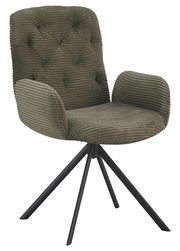 Grüner Armlehnstuhl mit geripptem Stoffbezug und schwarzem Metallgestell, seitliche Perspektive