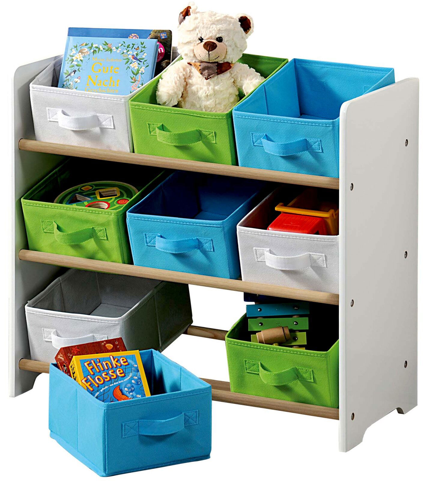 Kesper Kinderrek met opbergkisten Weißes Aufbewahrungsregal mit bunten Stoffkörben, gefüllt mit Spielzeug und Büchern, aus einer leicht seitlichen Perspektive.