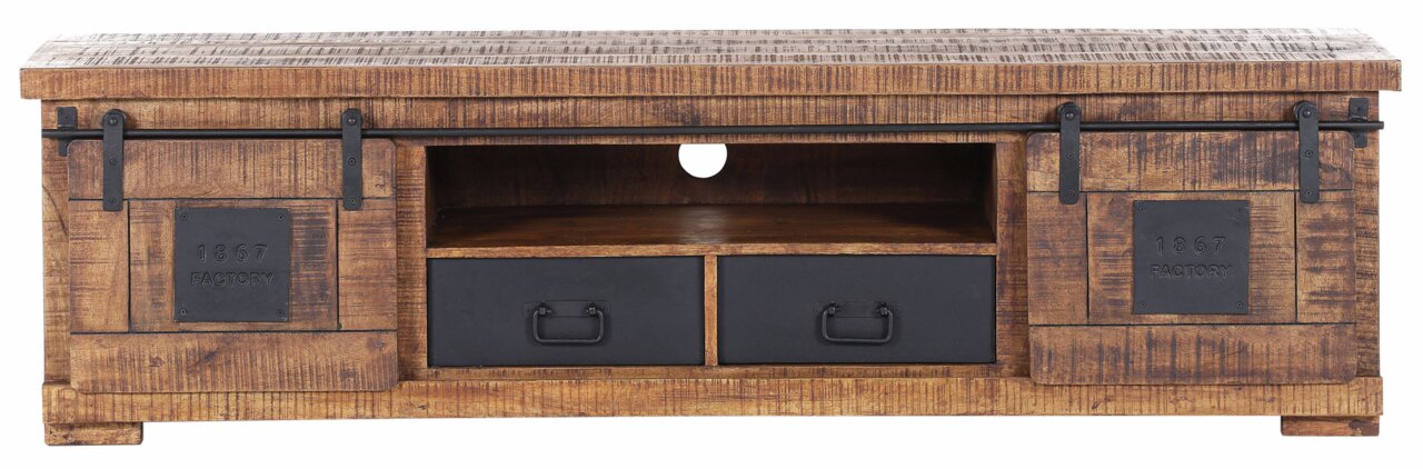 Landscape TV-Lowboard BARNEY Rustikales TV-Lowboard aus Holz mit zwei Schiebetüren und zwei Schubladen, Frontalansicht.