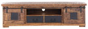 Rustikales TV-Lowboard aus Holz mit zwei Schiebetüren und zwei Schubladen, Frontalansicht.