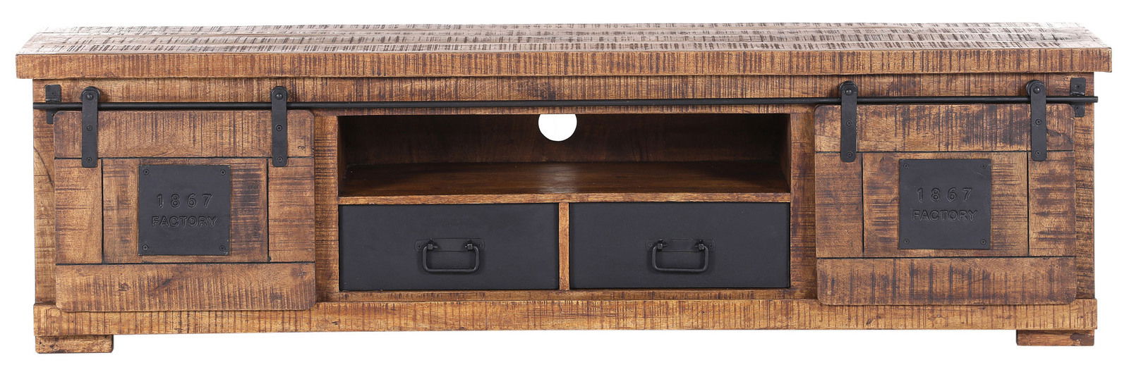 Landscape TV-Lowboard BARNEY Rustikales TV-Lowboard aus Holz mit zwei Schiebetüren und zwei Schubladen, Frontalansicht.