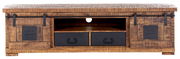 Rustikales TV-Lowboard aus Holz mit zwei Schiebetüren und zwei Schubladen, Frontalansicht.