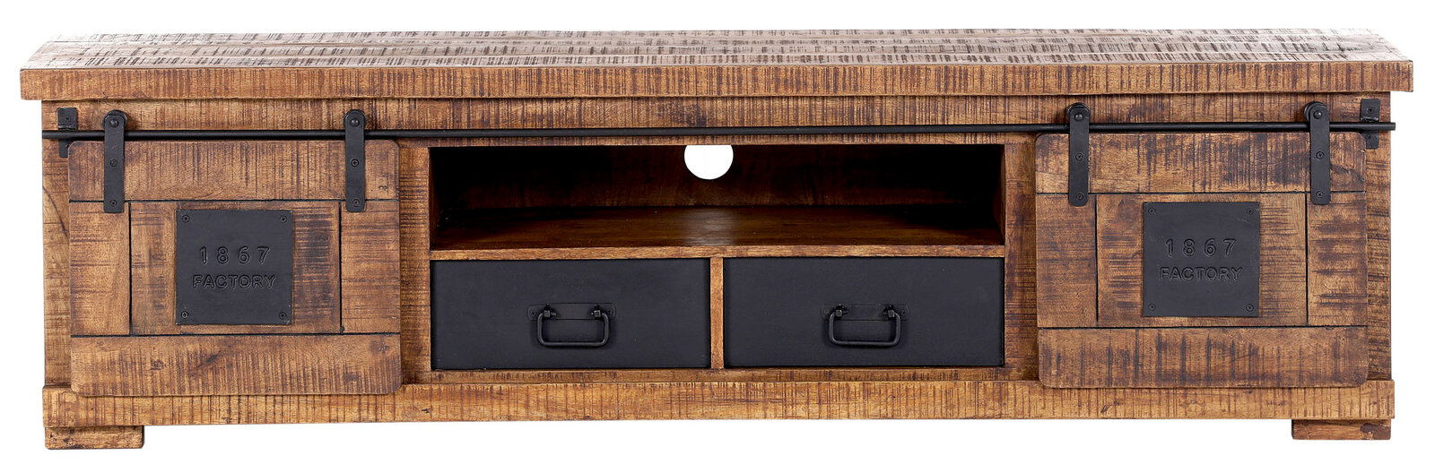 Rustikales TV-Lowboard aus Holz mit zwei Schiebetüren und zwei Schubladen, Frontalansicht.