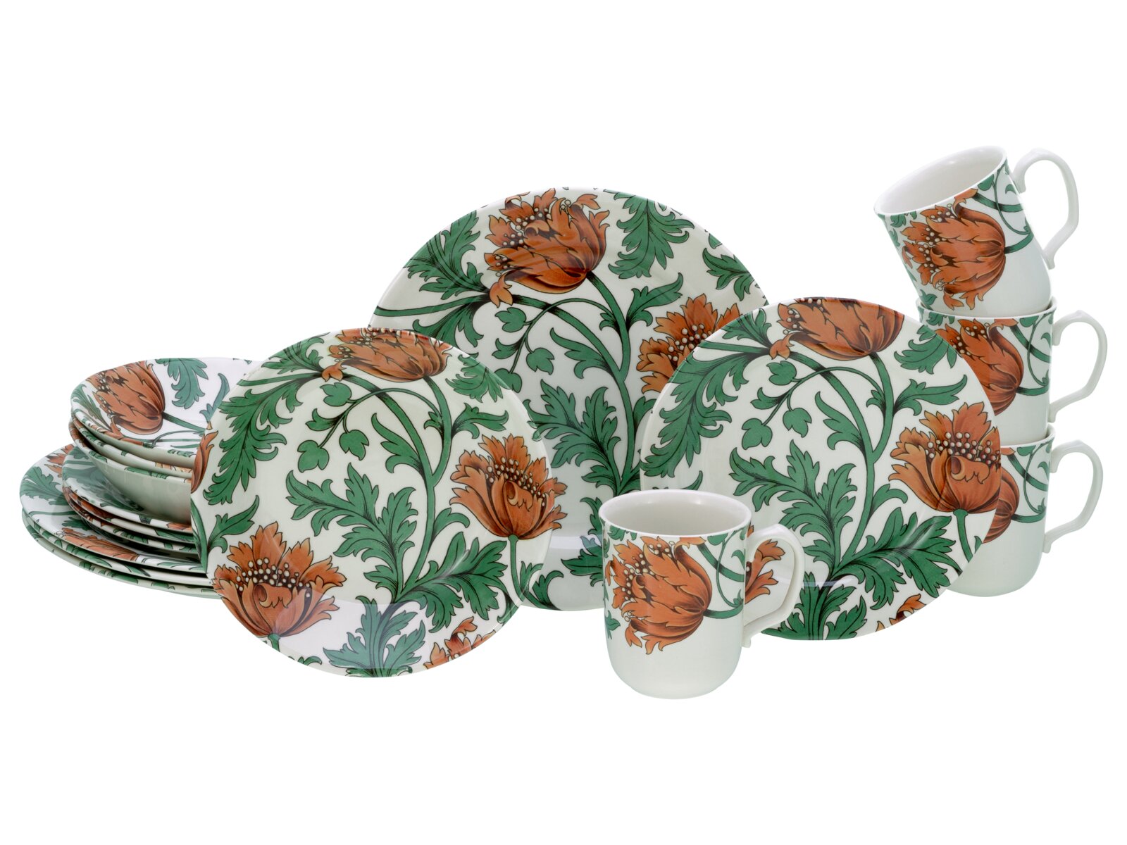 Keramik-Geschirrset mit Tellern, Schalen und Tassen, weiß mit grünem Blätter- und orangefarbenem Blumenmuster, in frontaler Studioansicht leicht schräg von vorne auf weißem Hintergrund