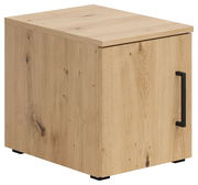 Holzfarbener Aufsatzschrank mit schwarzem Griff, seitliche Perspektive