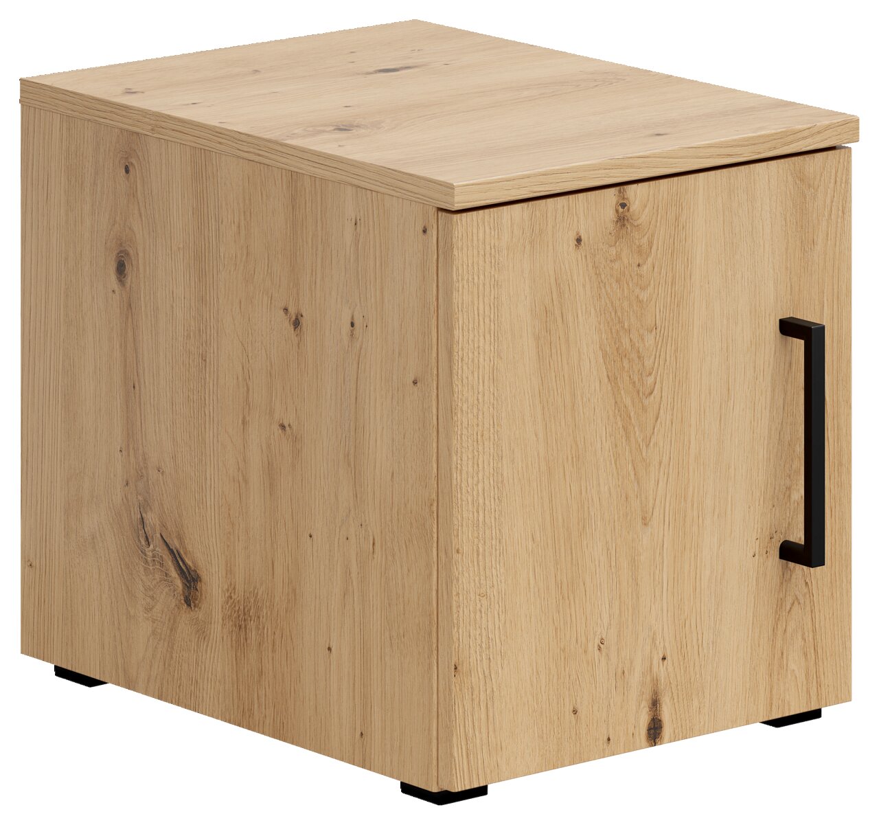Holzfarbener Aufsatzschrank mit schwarzem Griff, seitliche Perspektive