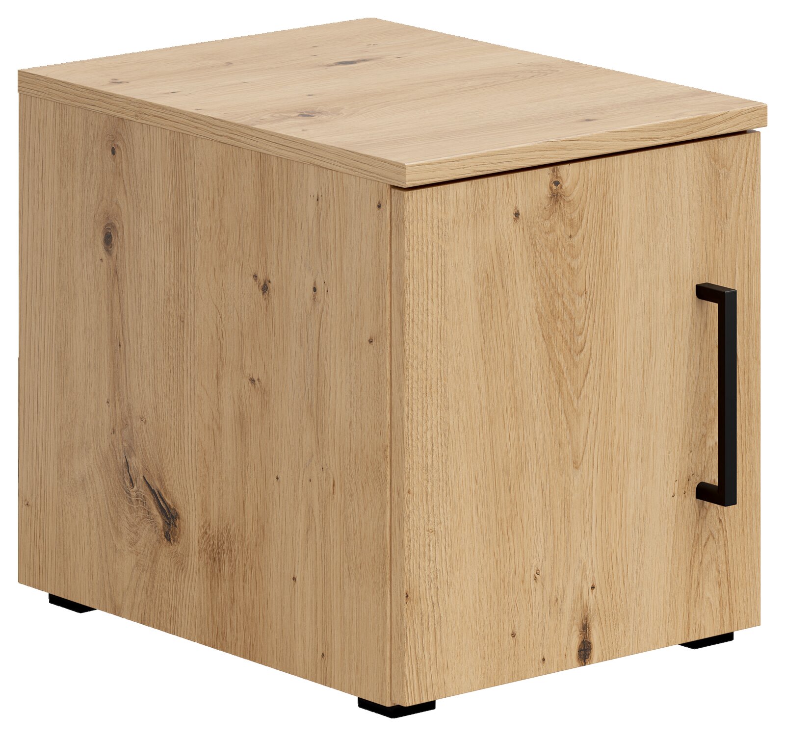 Holzfarbener Aufsatzschrank mit schwarzem Griff, seitliche Perspektive
