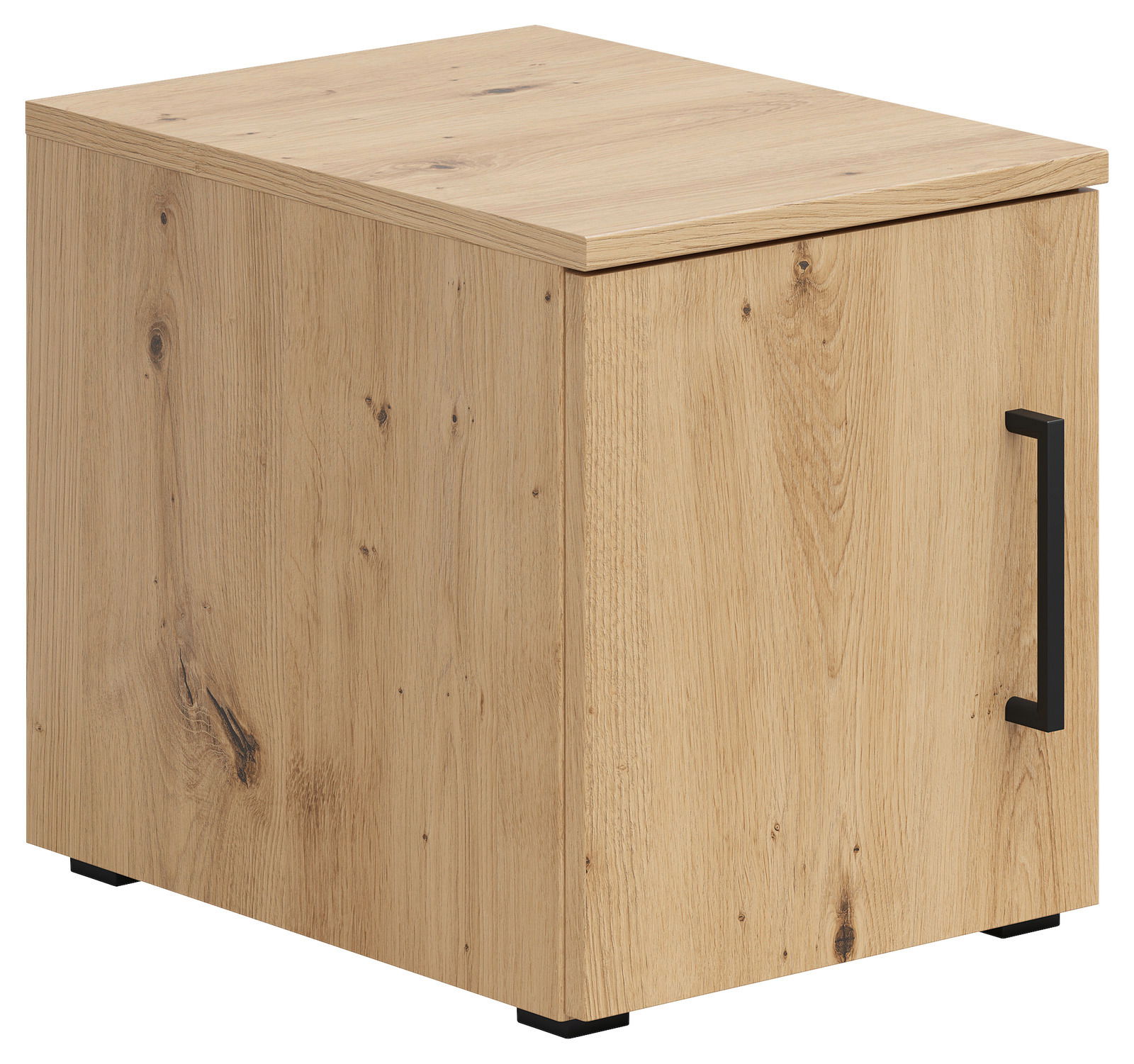 Holzfarbener Aufsatzschrank mit schwarzem Griff, seitliche Perspektive
