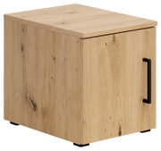 Holzfarbener Aufsatzschrank mit schwarzem Griff, seitliche Perspektive