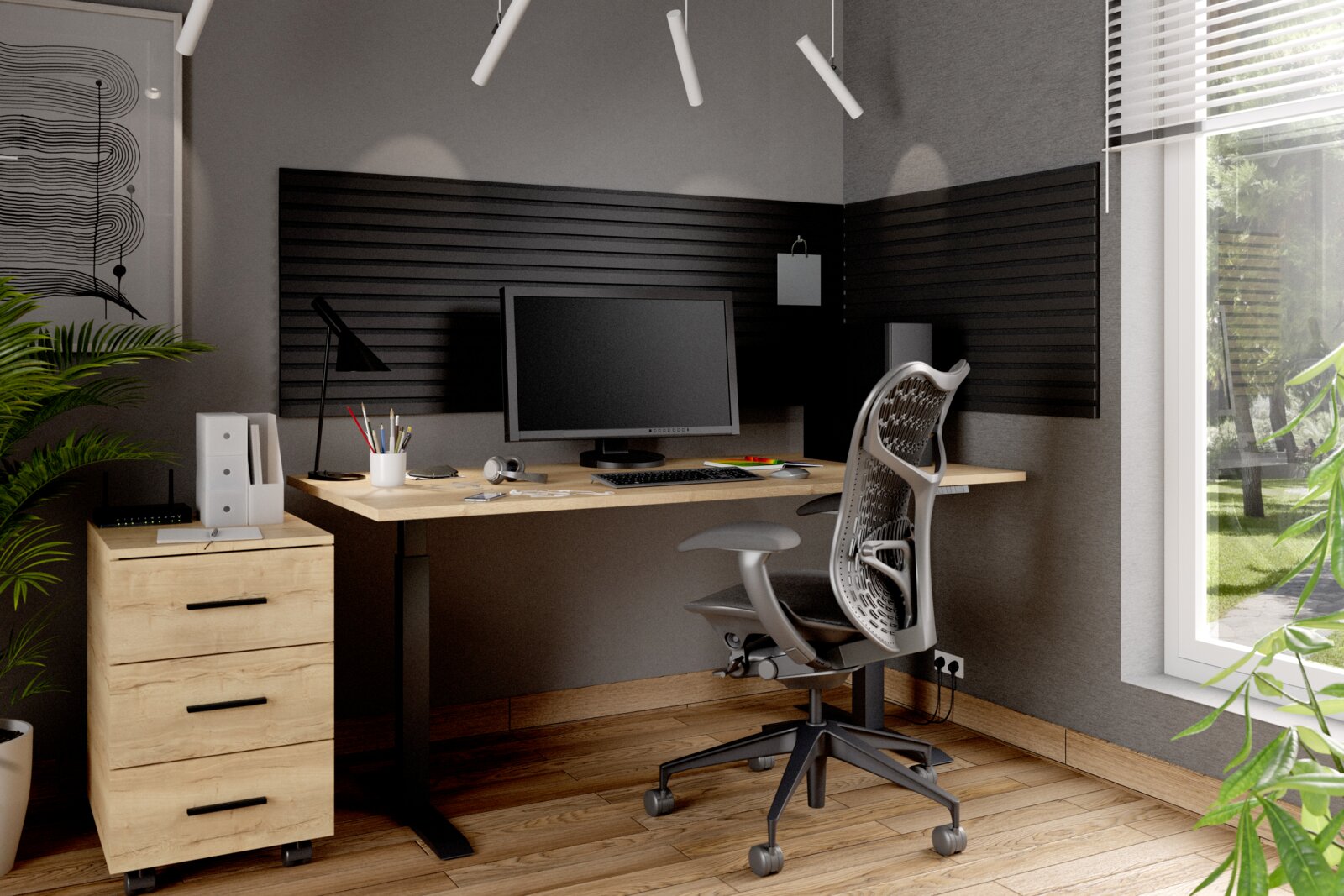 Moderner Arbeitsplatz mit ergonomischem Bürostuhl, höhenverstellbarem Schreibtisch und Dekopaneelen an der Wand, seitliche Perspektive.
