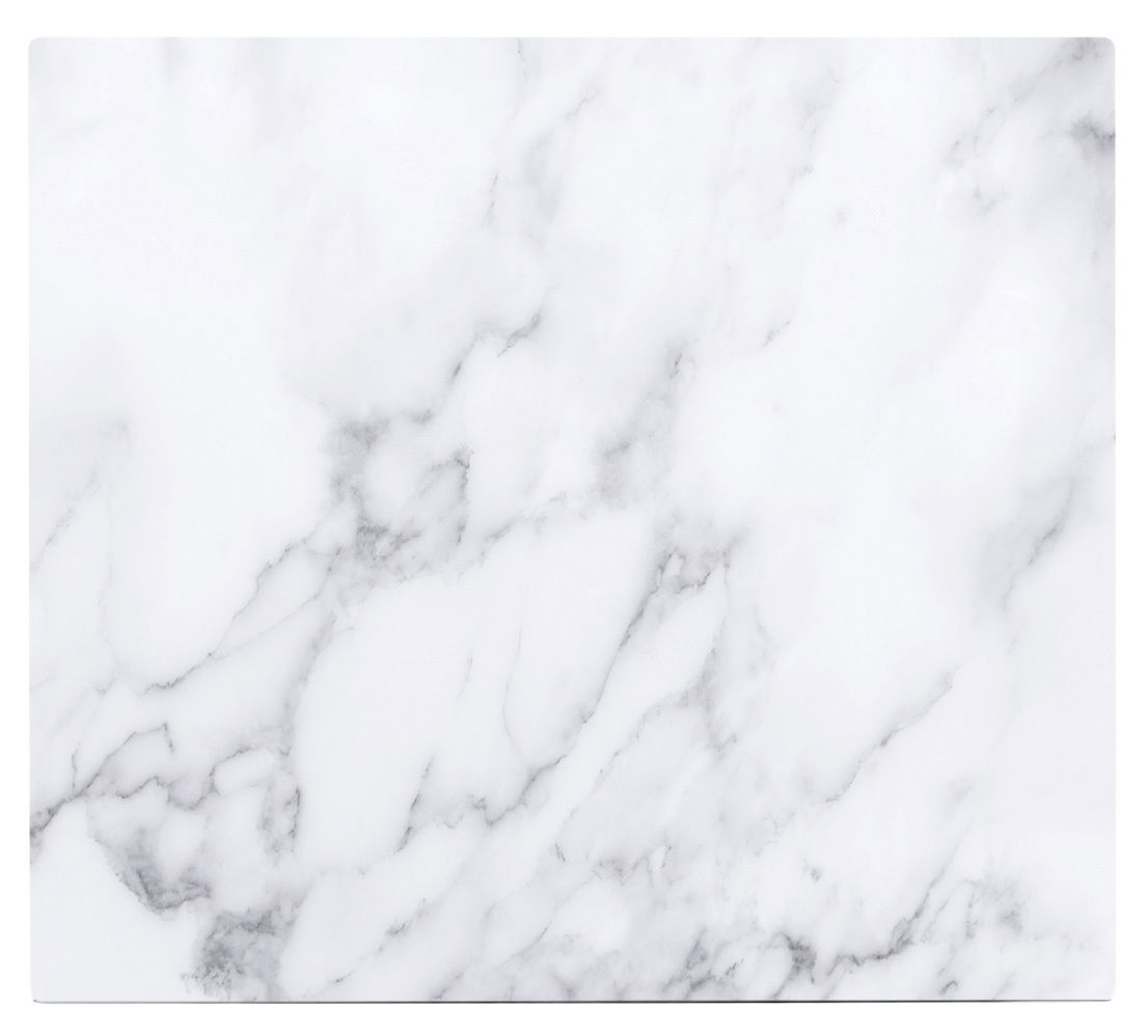 Marmorierte Herdblende oder Abdeckplatte in Draufsicht mit weiß-grauer Marmoroptik.