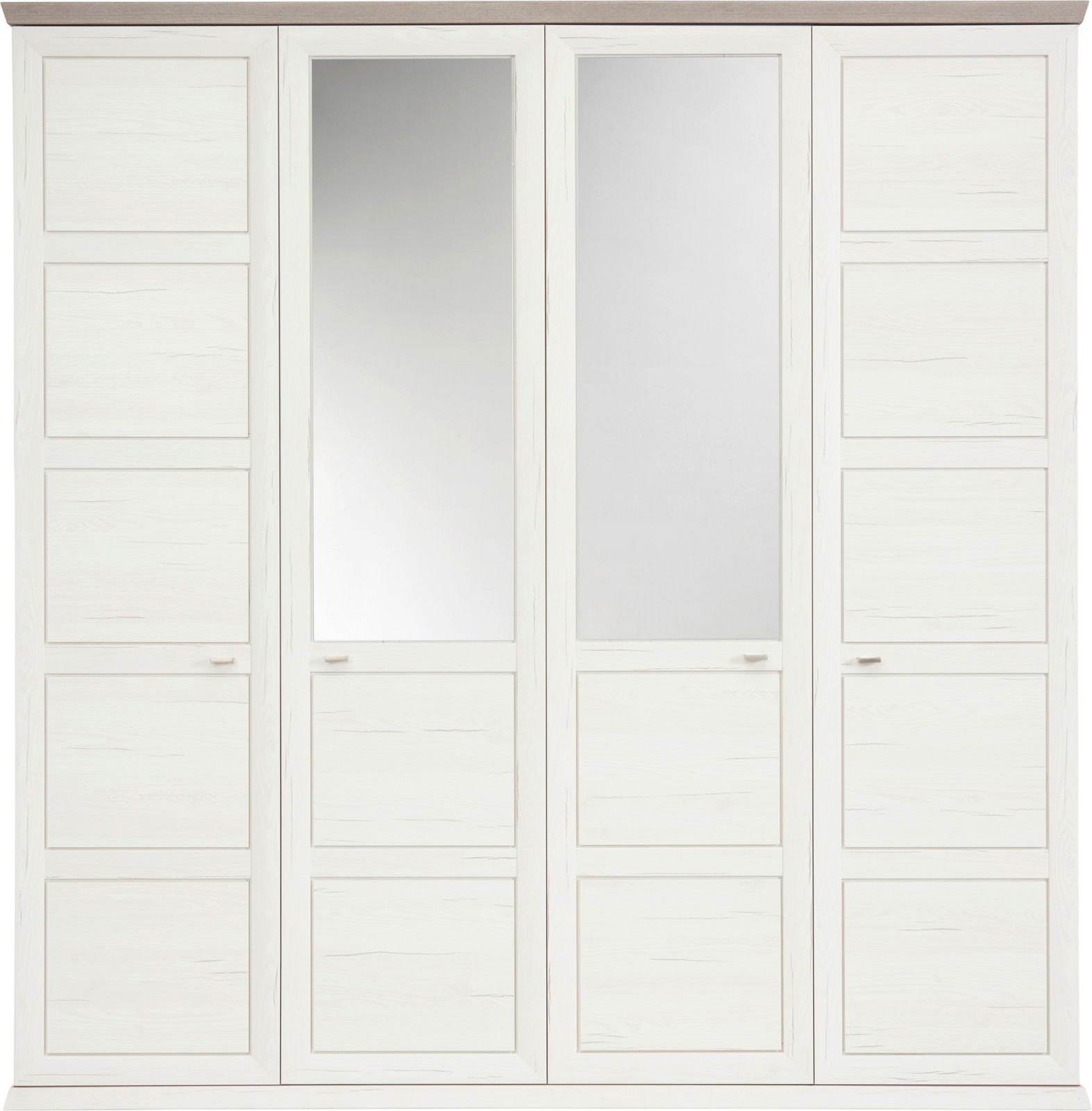 4-türiger Drehtürenschrank in Weiß mit zwei Spiegeltüren, Frontalansicht