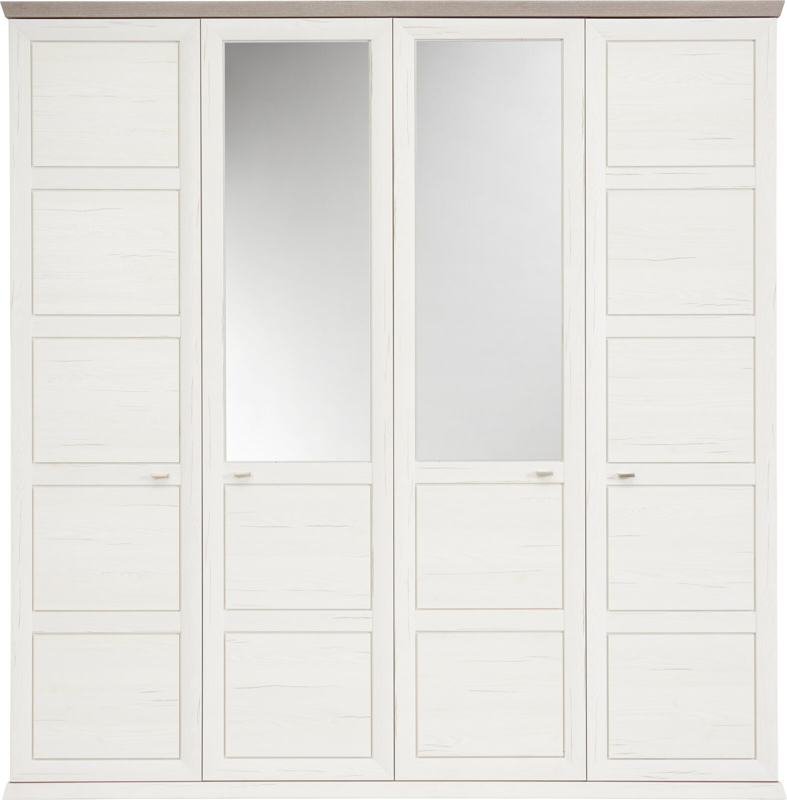 4-türiger Drehtürenschrank in Weiß mit zwei Spiegeltüren, Frontalansicht