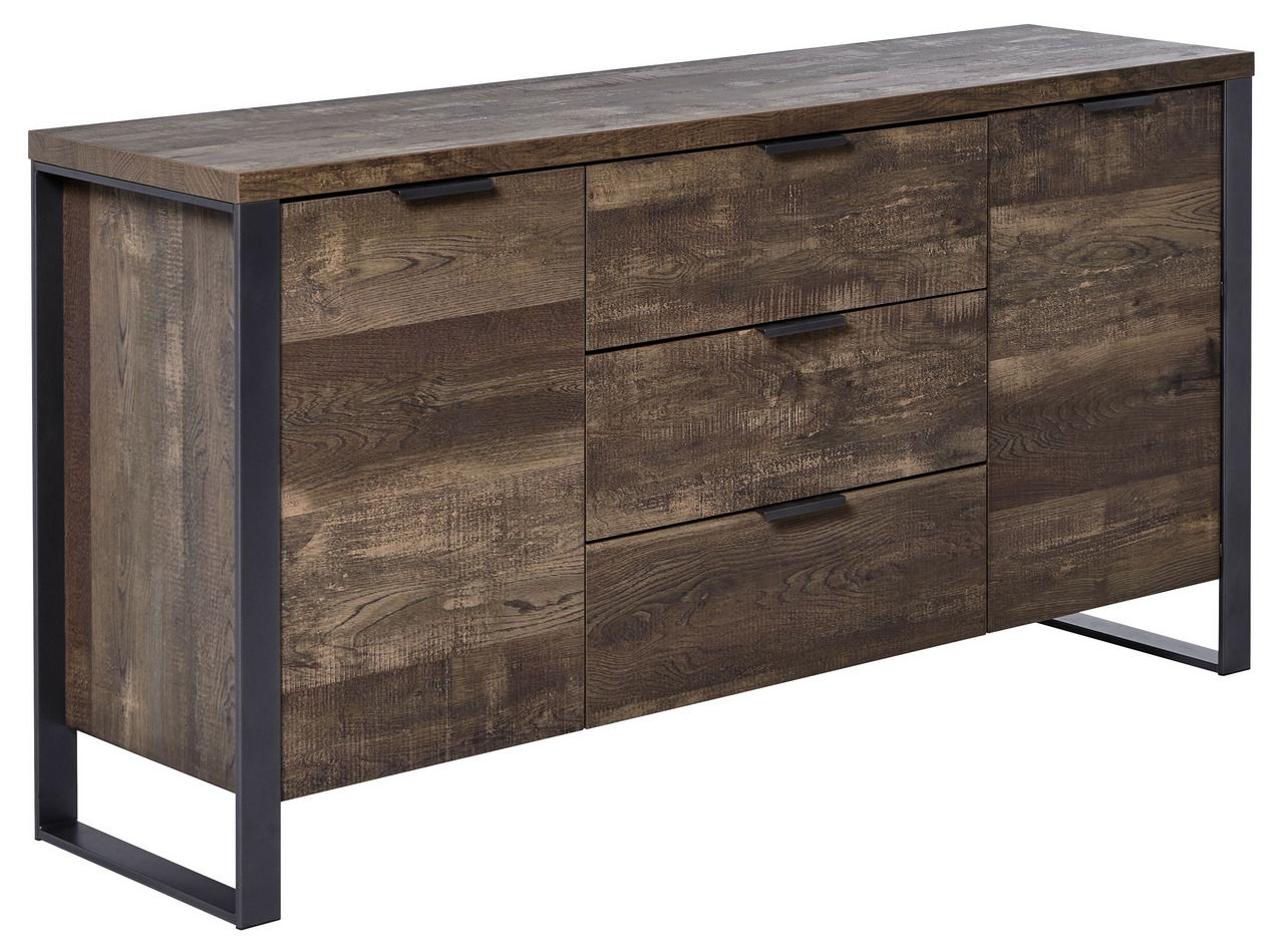Sideboard aus Holz mit drei Schubladen und zwei Türen, seitliche Perspektive