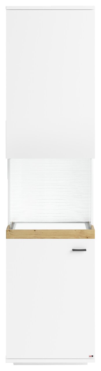 Vitrine SET ONE LANCASTER von Musterring, Frontansicht, weiße Oberfläche mit Holzakzent und Glaseinsatz.