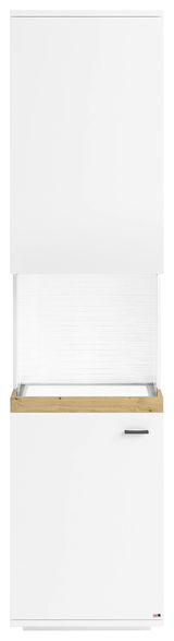 Vitrine SET ONE LANCASTER von Musterring, Frontansicht, weiße Oberfläche mit Holzakzent und Glaseinsatz.