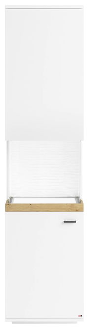 Vitrine SET ONE LANCASTER von Musterring, Frontansicht, weiße Oberfläche mit Holzakzent und Glaseinsatz.