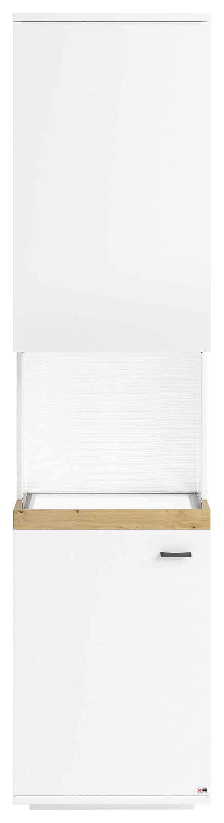 Vitrine SET ONE LANCASTER von Musterring, Frontansicht, weiße Oberfläche mit Holzakzent und Glaseinsatz.