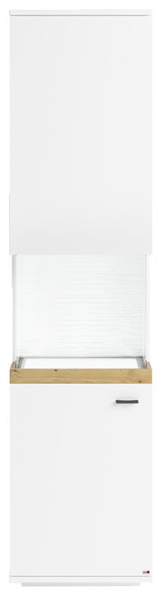 Vitrine SET ONE LANCASTER von Musterring, Frontansicht, weiße Oberfläche mit Holzakzent und Glaseinsatz.