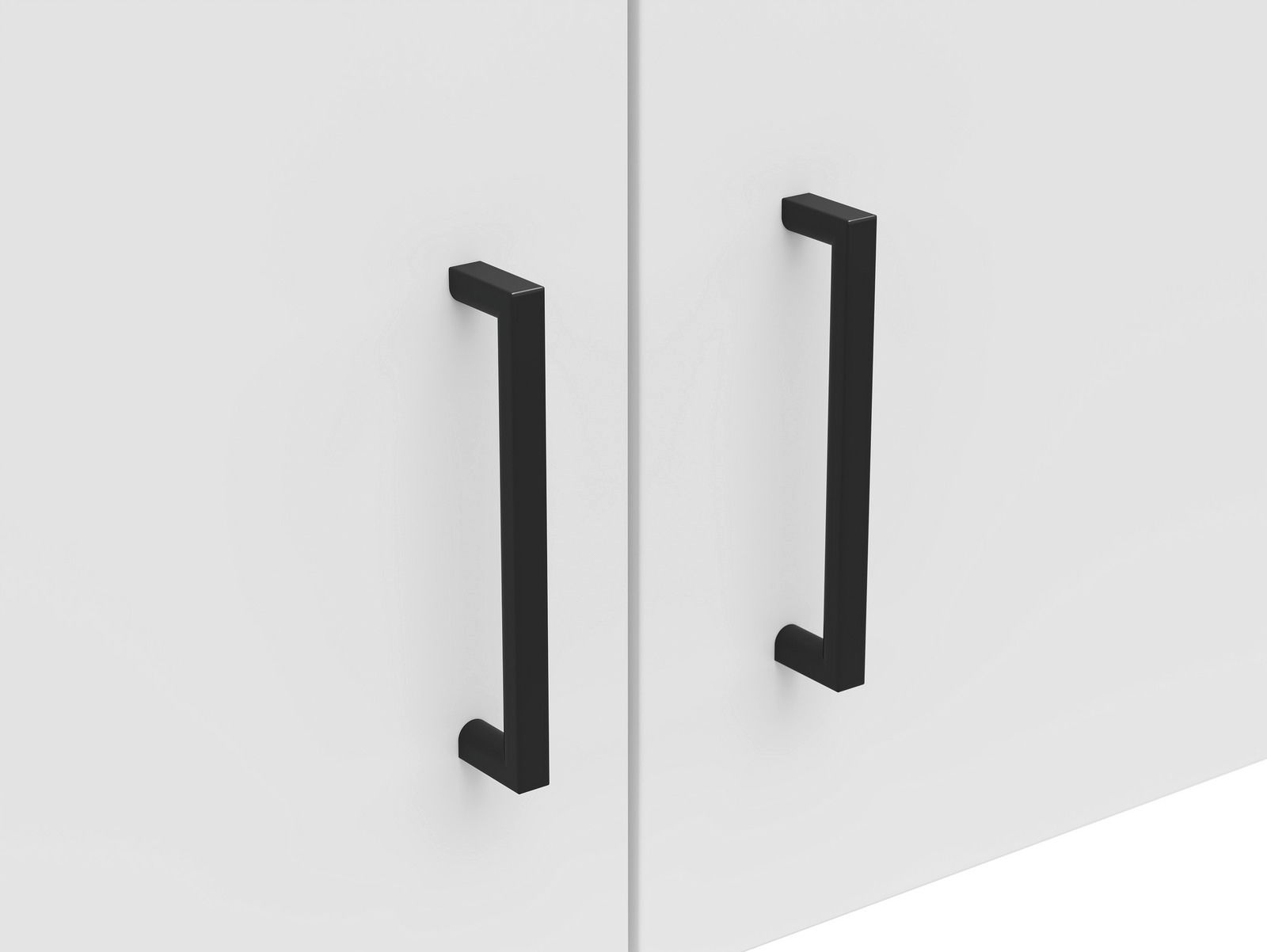 Zwei schwarze Griffe an einer weißen Schranktür, Frontalansicht