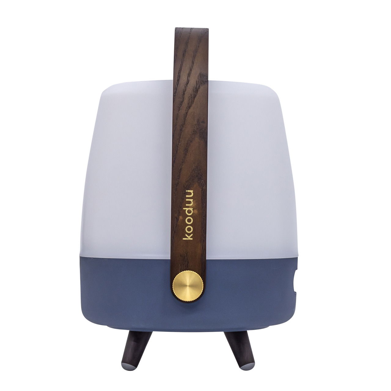 Frontansicht einer tragbaren Lampe mit Holzgriff und blauem Sockel, Markenname 'kooduu' sichtbar.