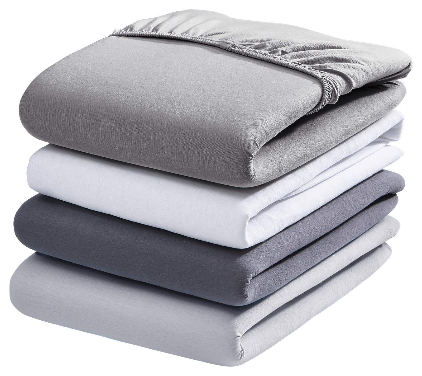 Gestapelte Spannbetttücher in verschiedenen Grautönen und Weiß, seitliche Perspektive
