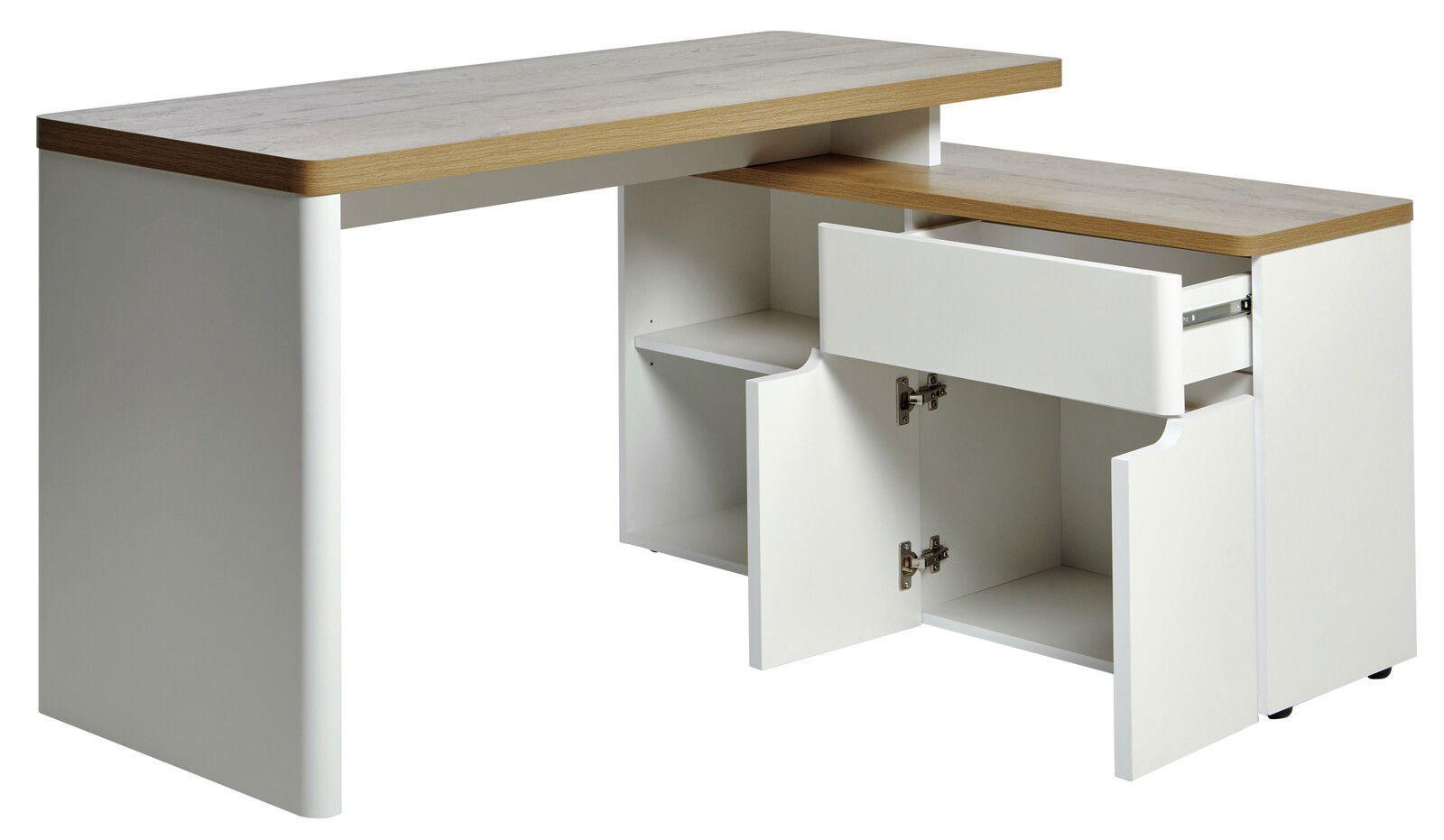 Moderner Eck-Schreibtisch mit Holzoberfläche, Schublade und Schranktüren, seitliche Perspektive