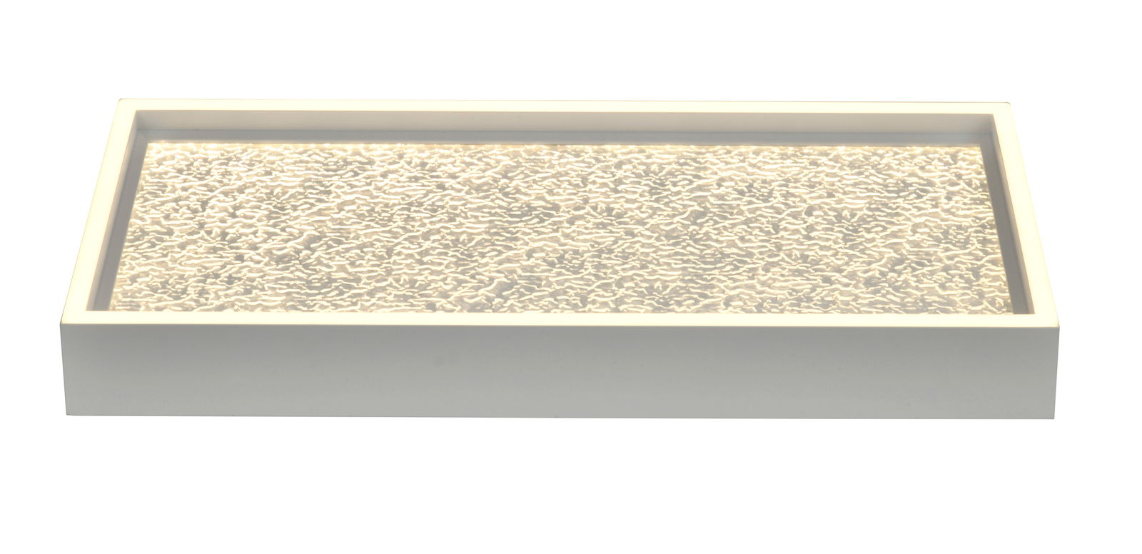 Rechteckige LED-Deckenleuchte mit strukturierter Oberfläche, seitliche Perspektive