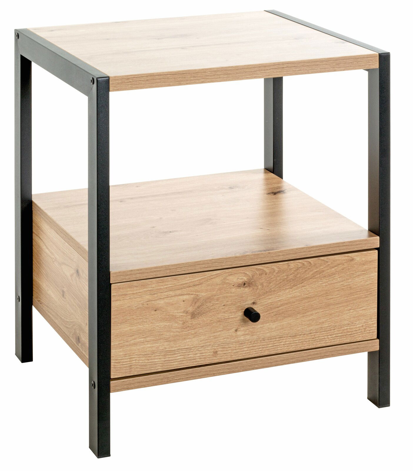 Moderne Nachtkommode aus Holz mit schwarzem Metallrahmen, Schublade und offenem Fach, seitliche Perspektive