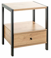 Moderne Nachtkommode aus Holz mit schwarzem Metallrahmen, Schublade und offenem Fach, seitliche Perspektive