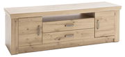 TV-Lowboard aus hellem Holz mit zwei Schubladen und zwei Türen, frontal fotografiert.