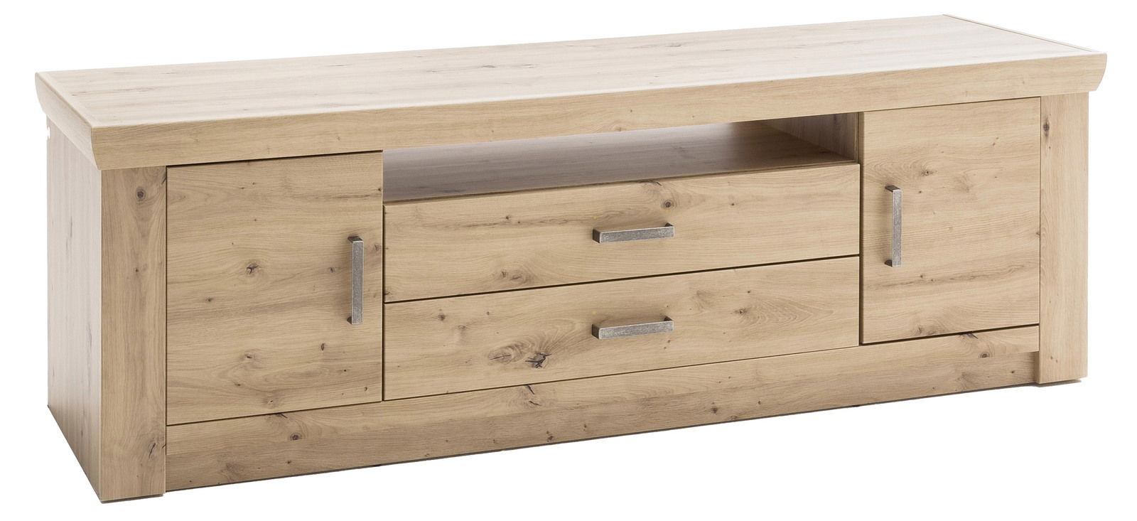 TV-Lowboard aus hellem Holz mit zwei Schubladen und zwei Türen, frontal fotografiert.