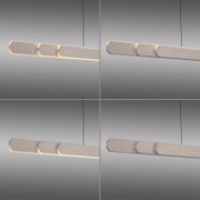 Moderne, längliche LED-Pendelleuchte in Weiß mit warmem Licht und abgerundeten Segmenten, seitliche Perspektive (3/4-Ansicht) vor grauem Hintergrund