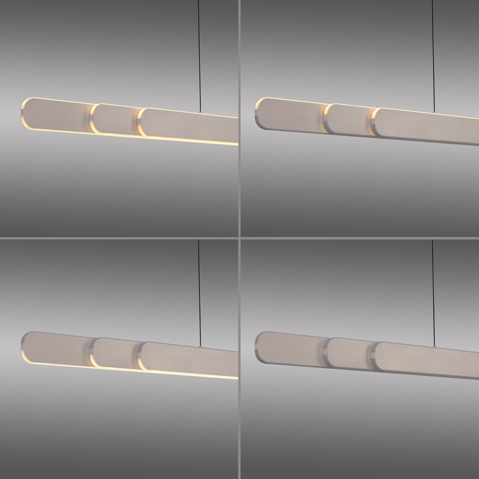 Moderne, längliche LED-Pendelleuchte in Weiß mit warmem Licht und abgerundeten Segmenten, seitliche Perspektive (3/4-Ansicht) vor grauem Hintergrund