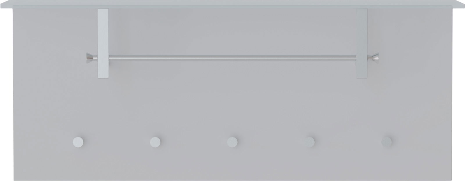 Garderobenpaneel quer mit fünf Haken und einer Kleiderstange, frontale Ansicht