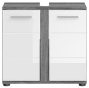 Moderner Waschbeckenunterschrank in Holzoptik mit zwei weißen Türen, Frontalansicht