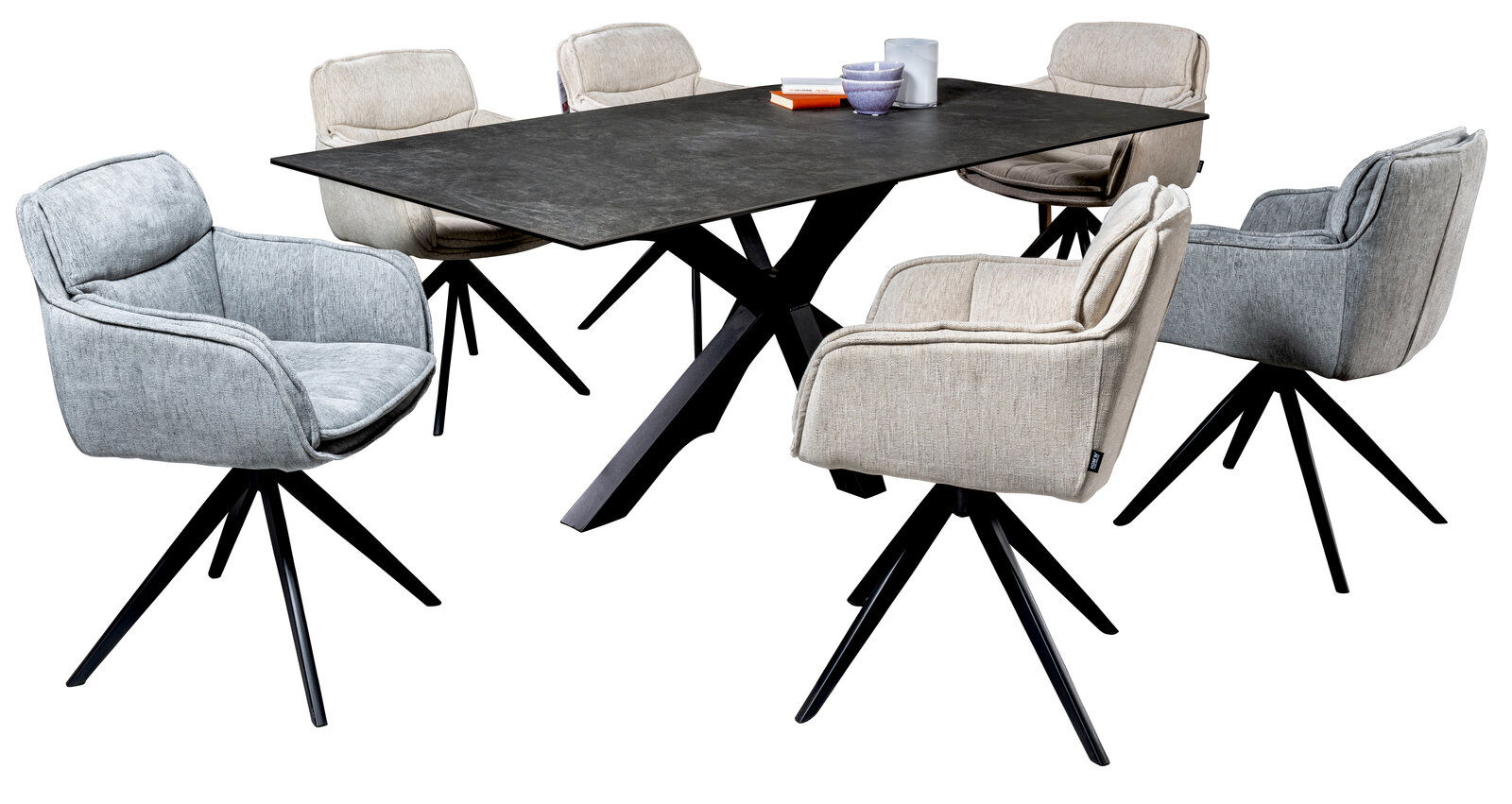 Hom´in Armlehnstuhl CODY Essgruppe mit sechs Armlehnstühlen in verschiedenen Grautönen und einem rechteckigen Tisch mit schwarzer Platte, seitliche Perspektive