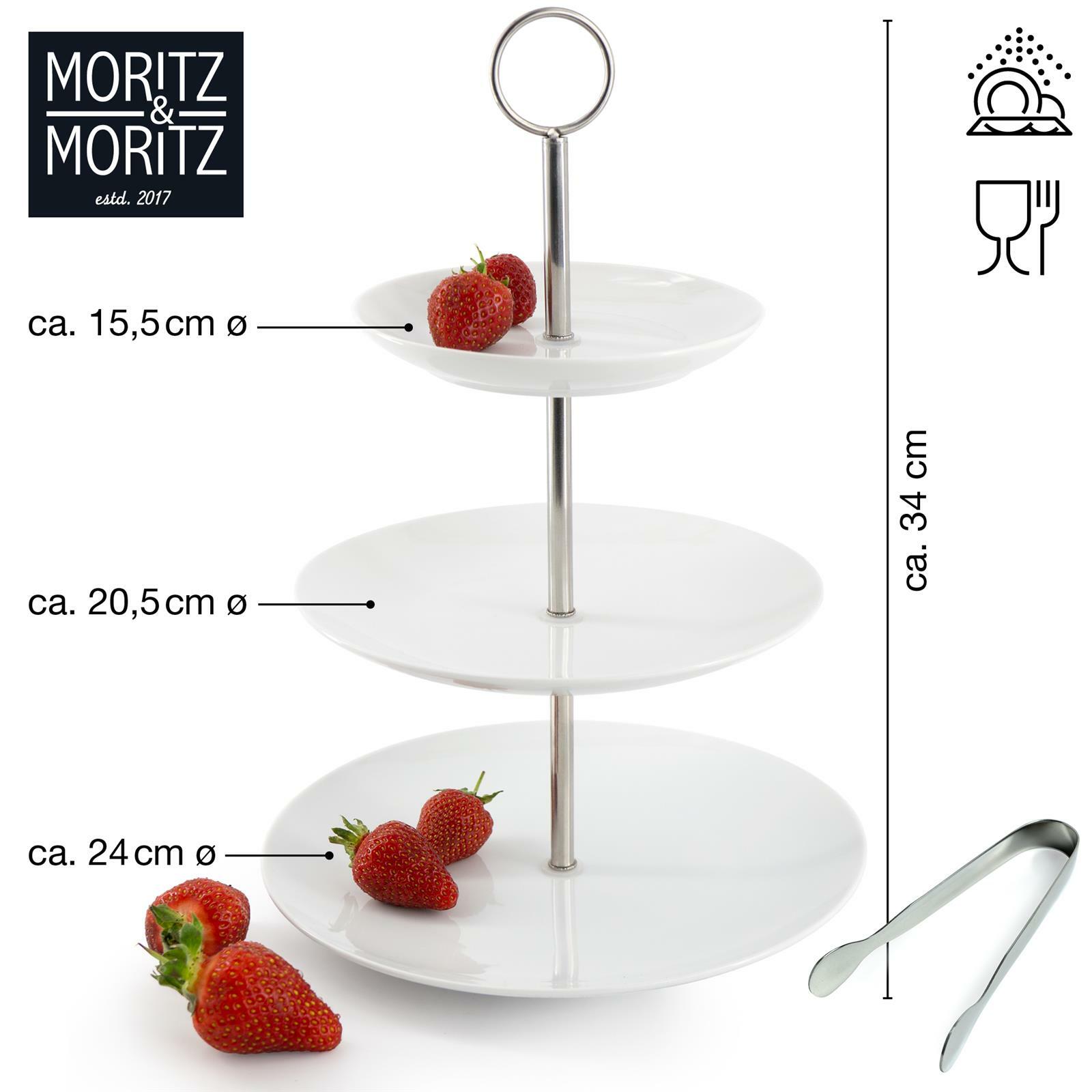 Dreistufige weiße Etagere mit Erdbeeren, seitliche Perspektive