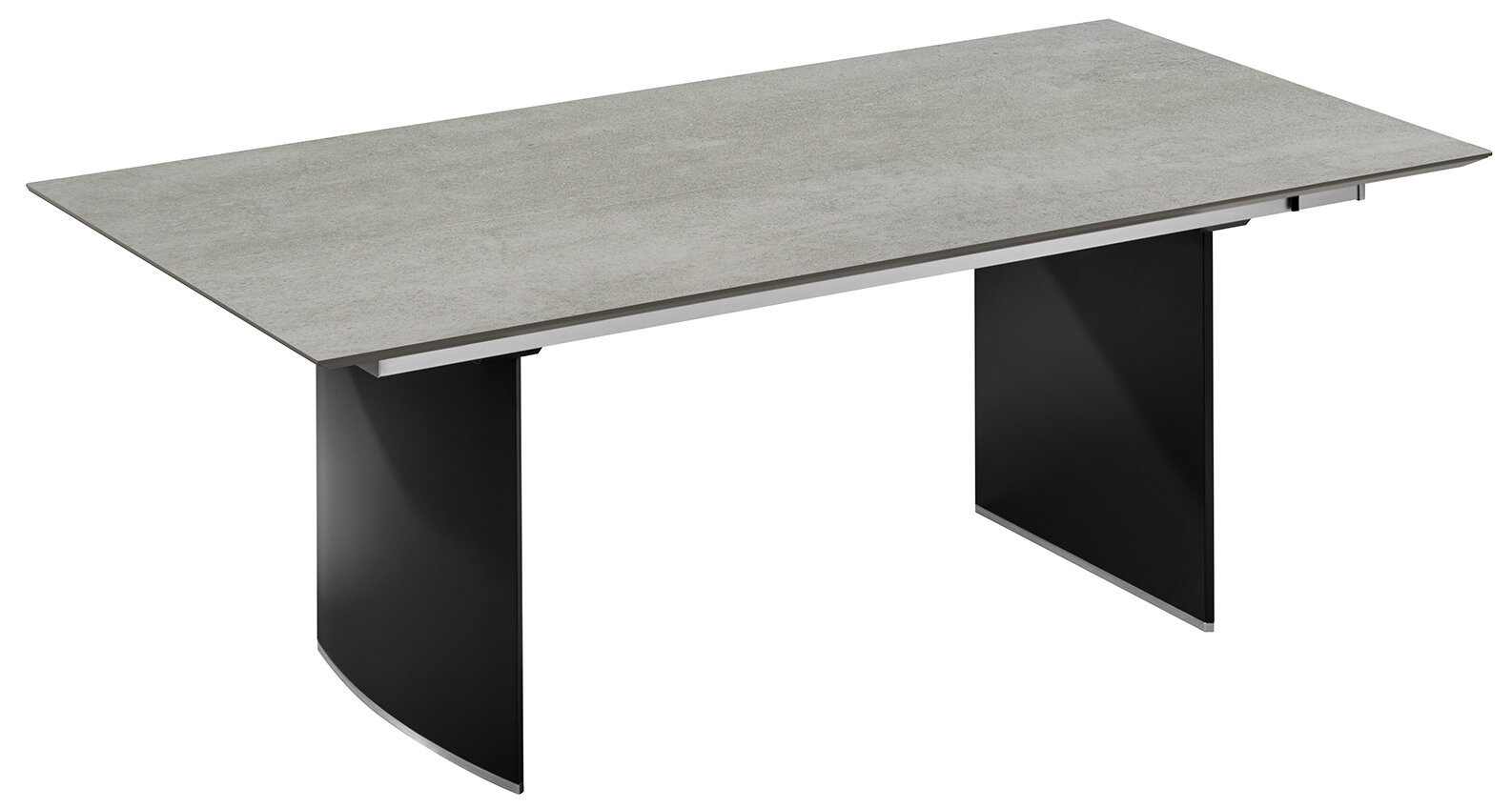 Moderner Esstisch mit grauer Tischplatte und schwarzen Beinen, seitliche Perspektive