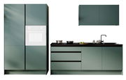Moderner Küchenblock in mattem Grün mit Schränken, Arbeitsplatte und Spüle, frontal betrachtet.