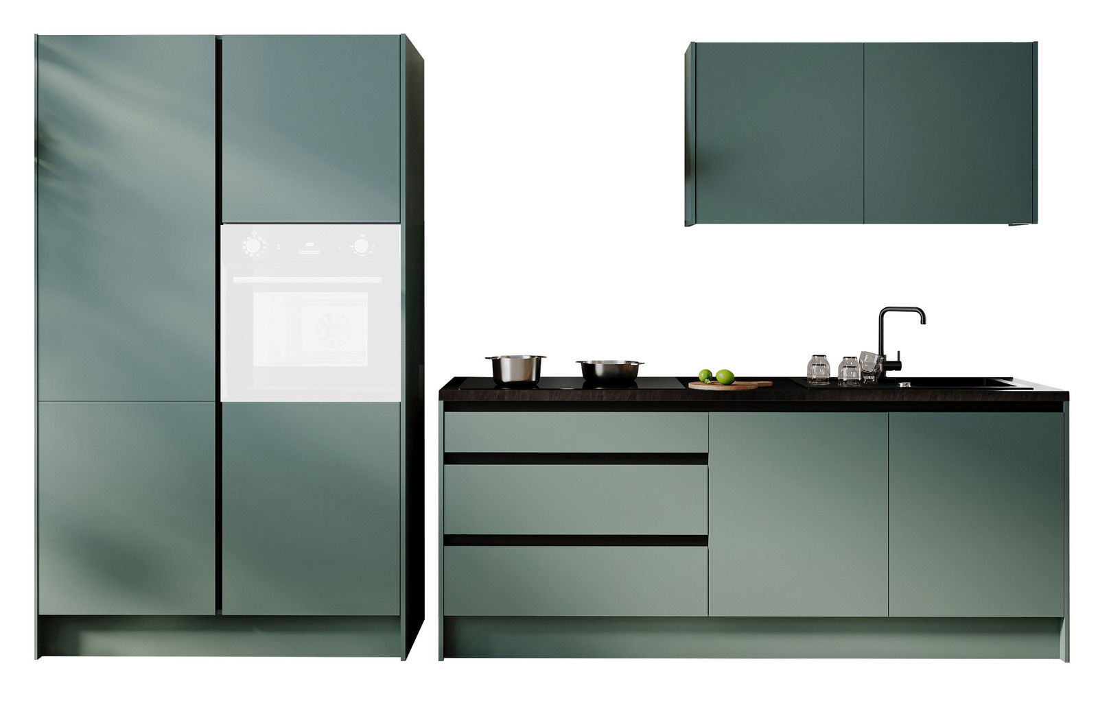 Yourkitchen Küchenblock 335 TROJA Moderner Küchenblock in mattem Grün mit Schränken, Arbeitsplatte und Spüle, frontal betrachtet.