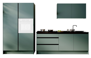 Moderner Küchenblock in mattem Grün mit Schränken, Arbeitsplatte und Spüle, frontal betrachtet.