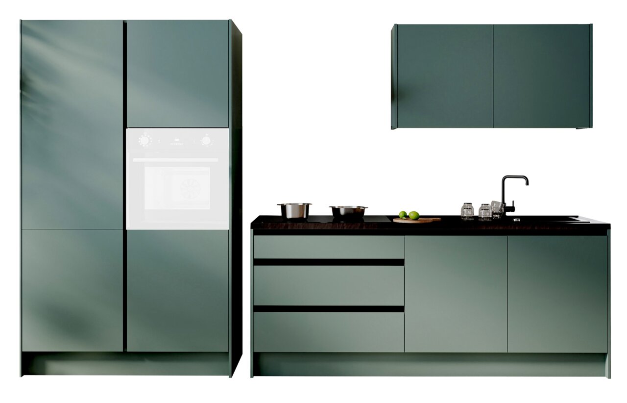Yourkitchen Keukenblok 335 TROJA Modern keukenblok in matgroen met kasten, werkblad en spoelbak, gezien vanaf de voorkant.