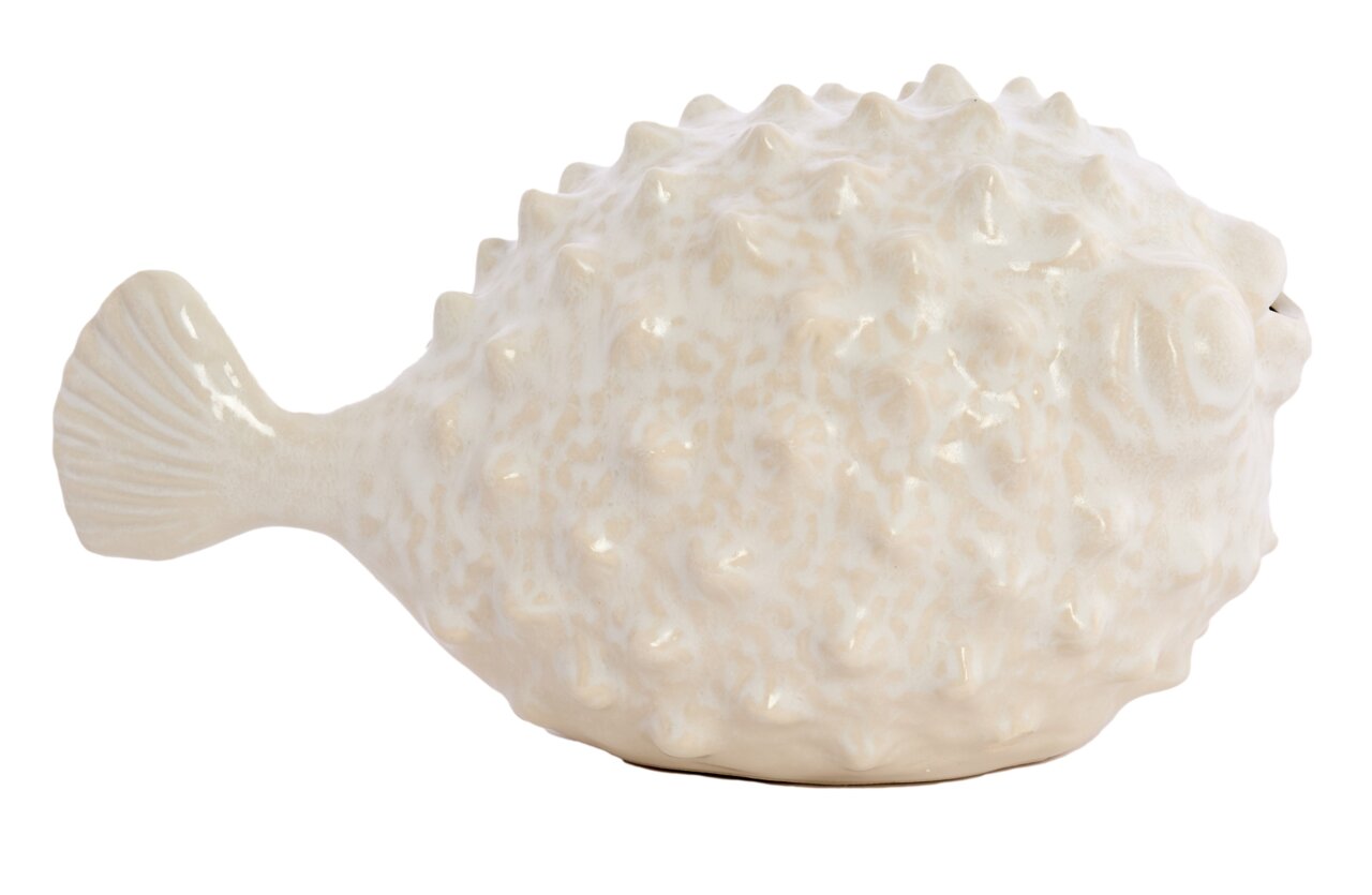 Keramik-Ornament in Form eines Kugelfisches, seitliche Perspektive