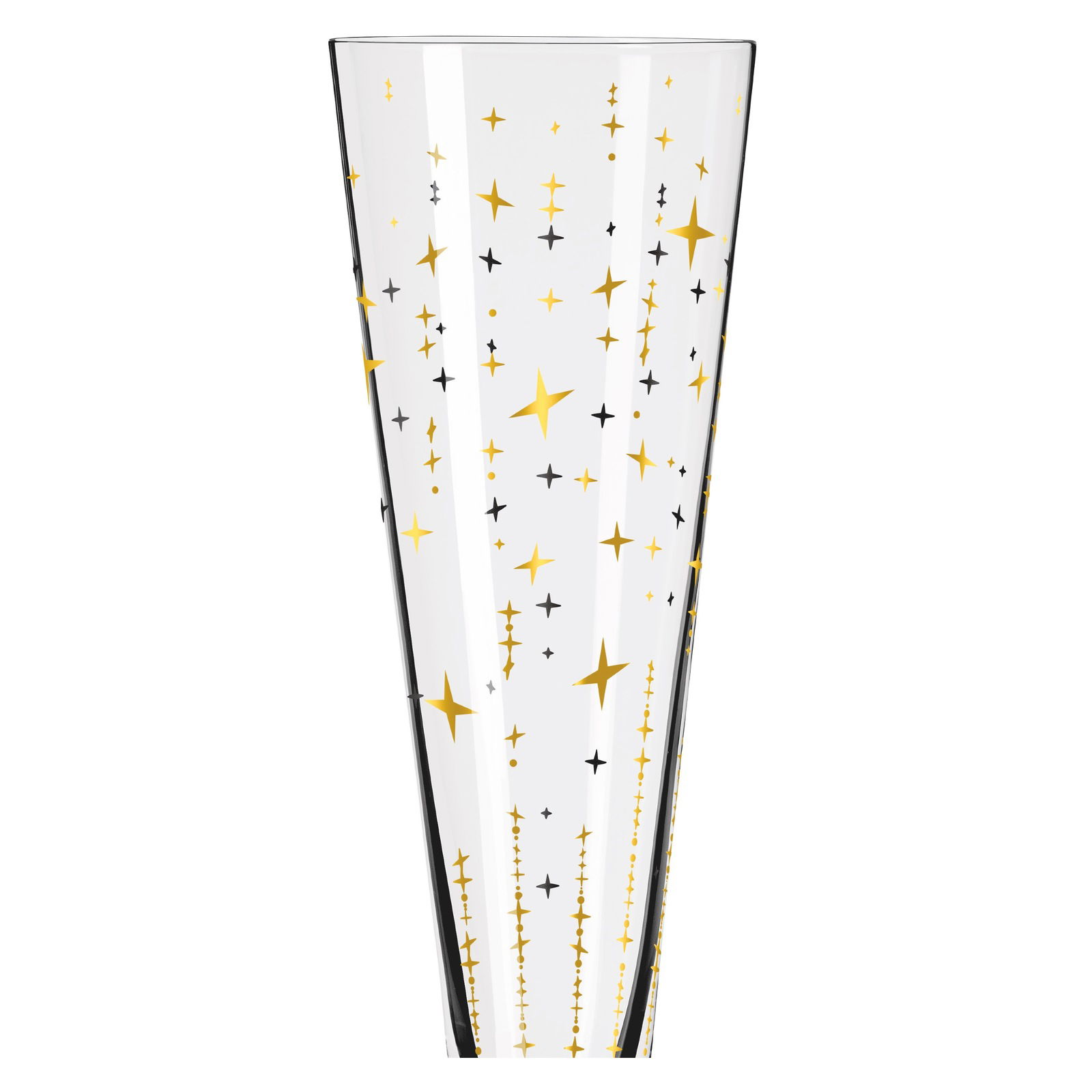 Champagnerglas mit goldenen und schwarzen Sternen, seitliche Perspektive