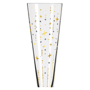 Champagnerglas mit goldenen und schwarzen Sternen, seitliche Perspektive