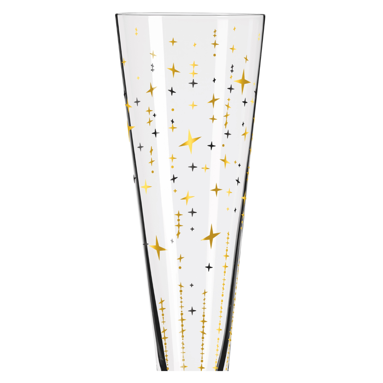 Champagnerglas mit goldenen und schwarzen Sternen, seitliche Perspektive